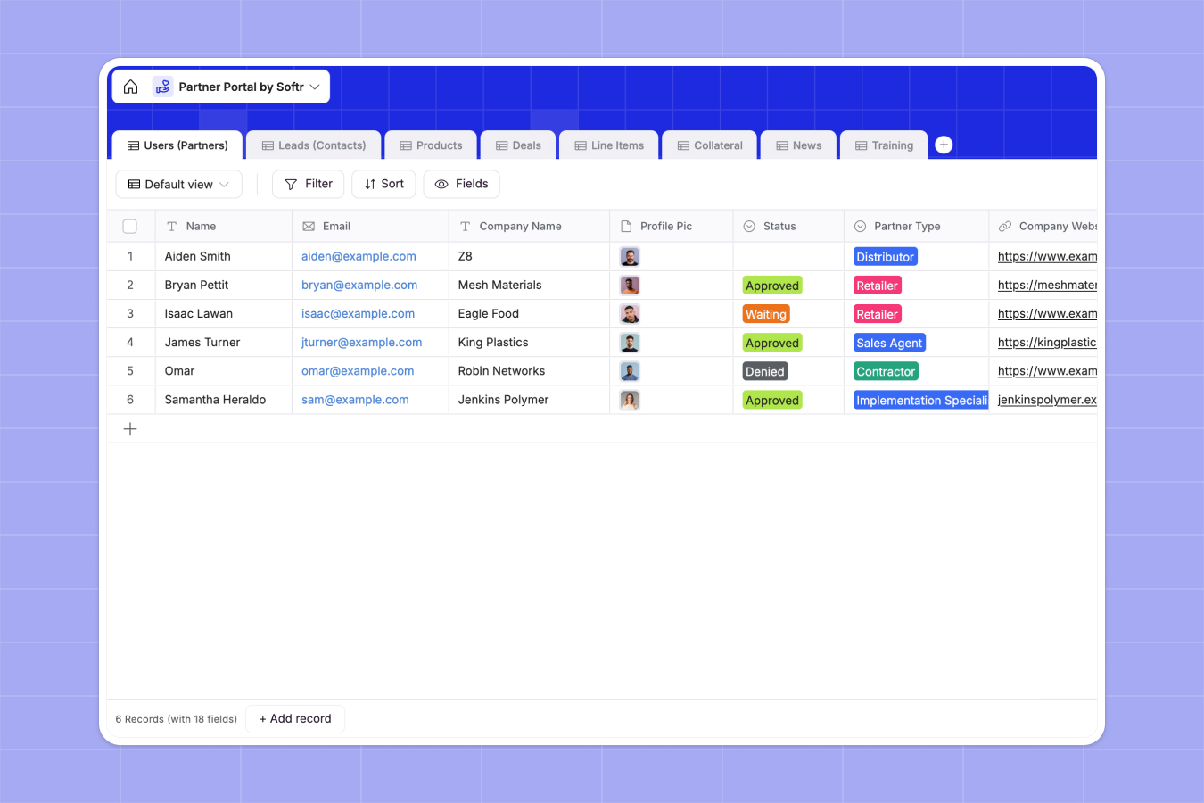Softr Partner Portal database template showing partners, deals, and resources tables