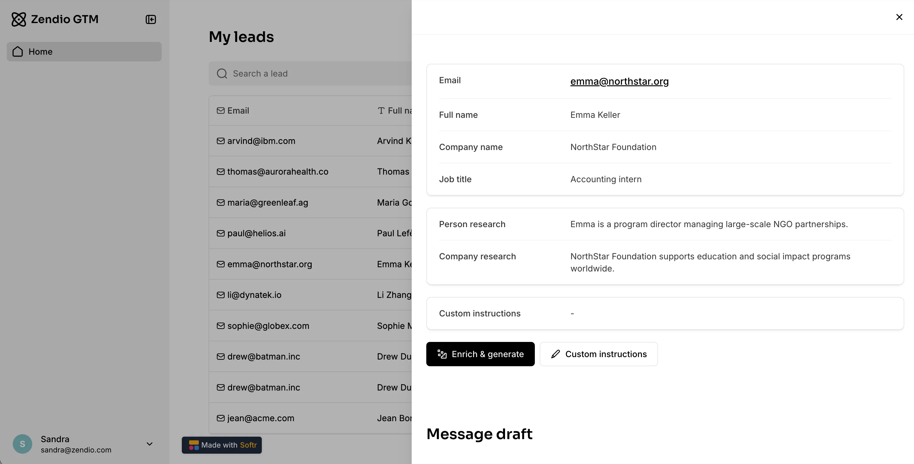 Custom internal tool for SDRs to enrich leads automatically and prepare AI-drafted outreach