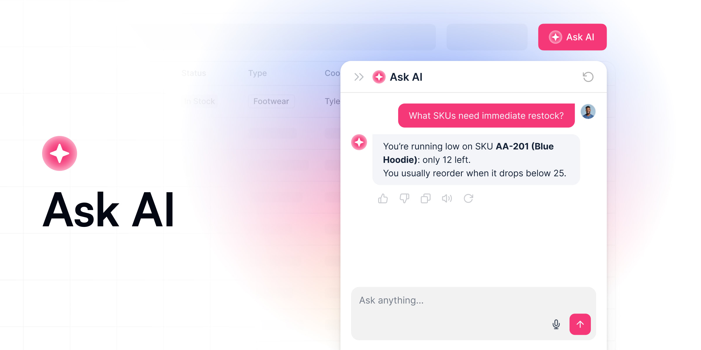 Ask AI chat panel answering a question about live app data inside a Softr app