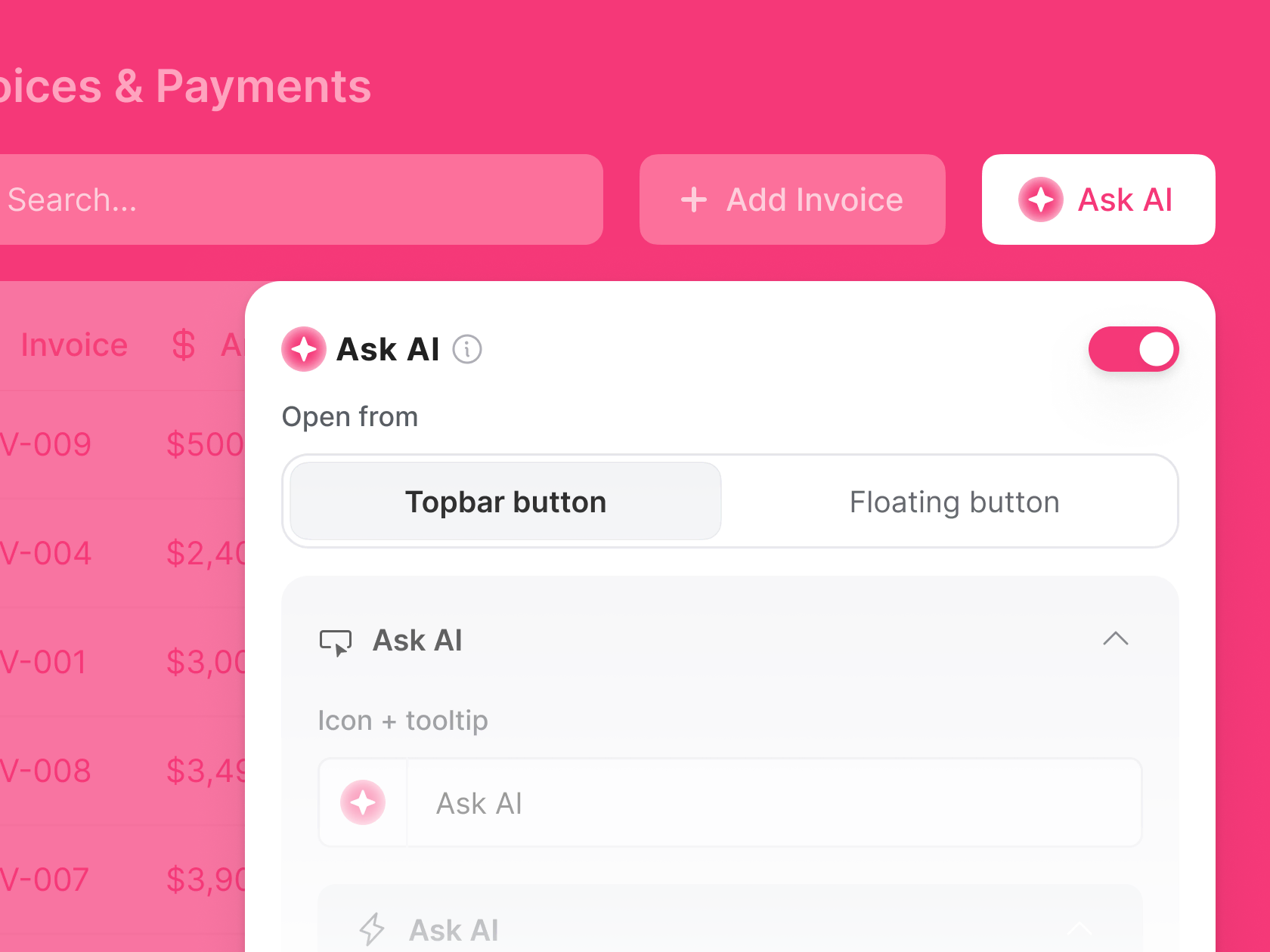 Toggling on Ask AI as an action button inside a Softr block's settings panel