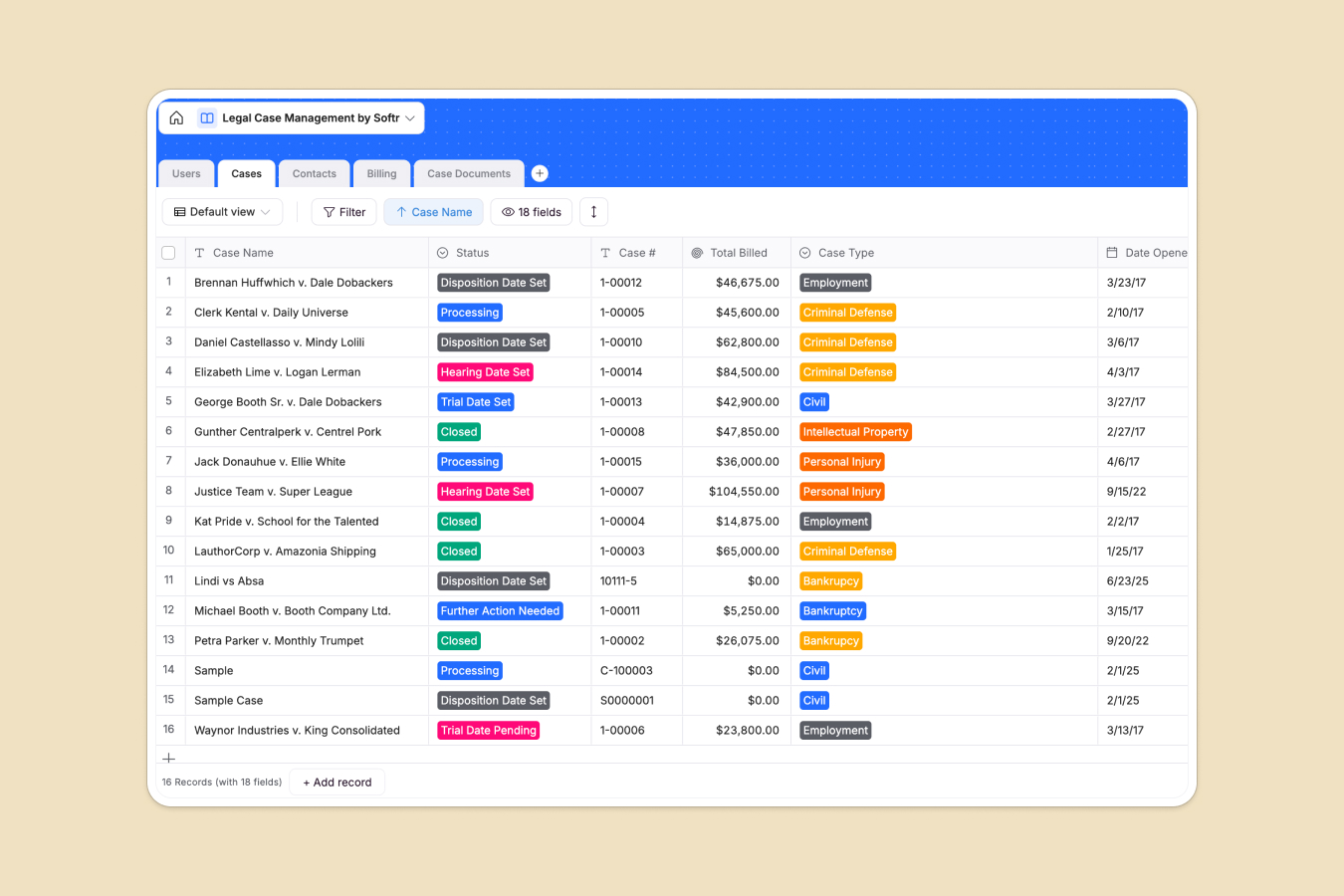 Softr Legal Case Management database showing case details, client information, and billing records