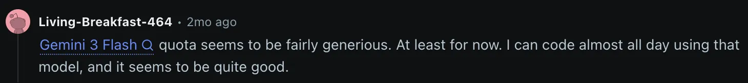 Reddit comment praising Antigravity's generous Gemini 3 Flash usage quota