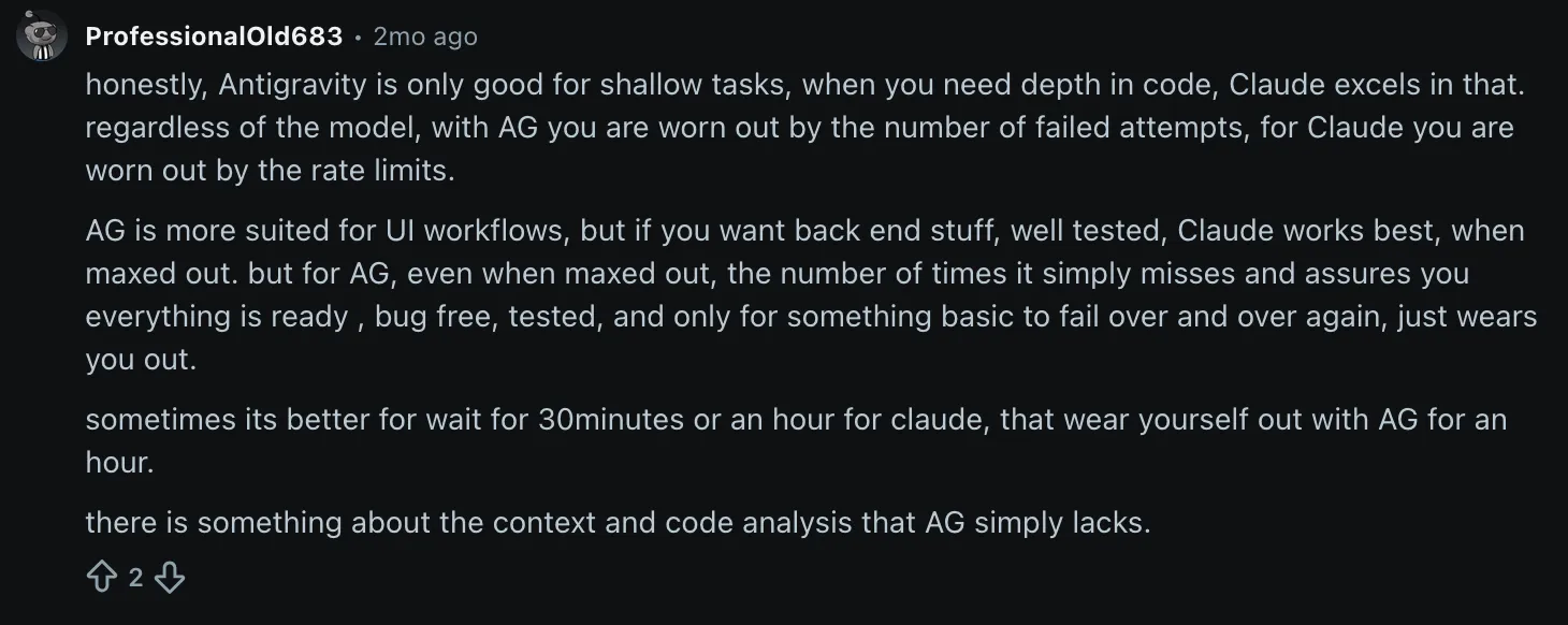 Reddit comment saying Antigravity suits shallow tasks while Claude Code handles code depth