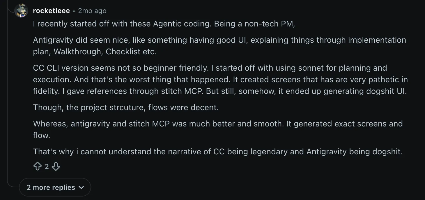 Reddit comment from a non-technical PM saying Antigravity with Stitch generated better UI than Claude Code
