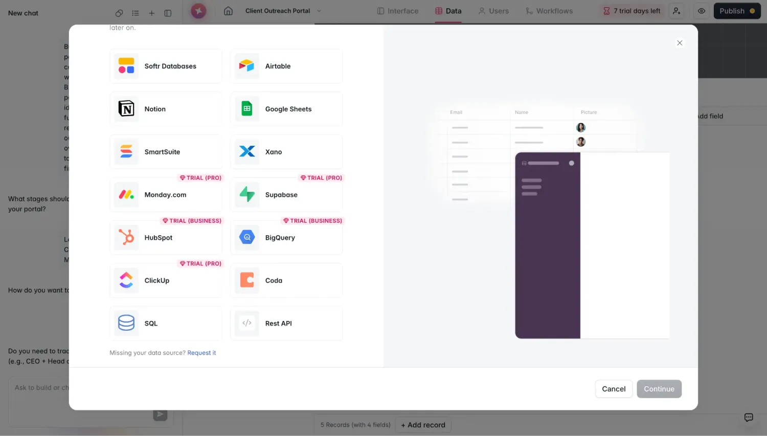 Softr's data source picker showing the native database plus integrations like Airtable, Notion, and Google Sheets