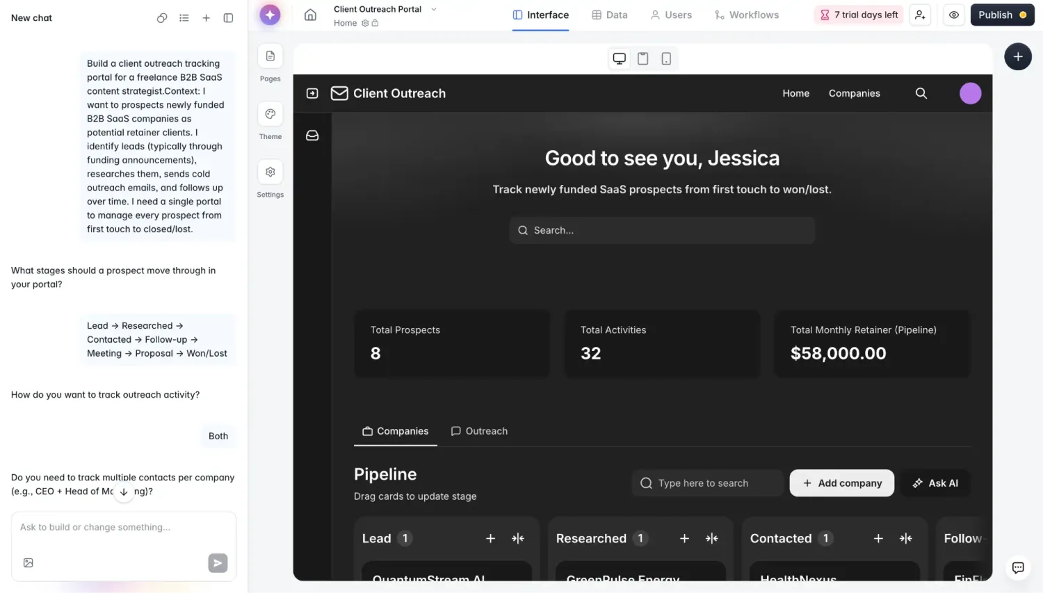 Softr's AI Co-Builder generating a client outreach portal from a prompt, with the app preview on the right