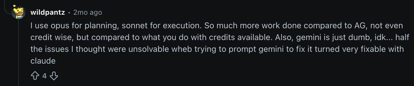 Reddit comment describing issues unsolvable in Gemini that Claude Code fixed
