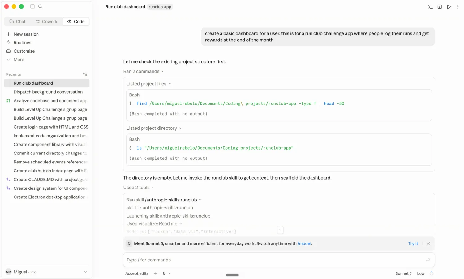Claude Code desktop app building a run club dashboard while the agent runs commands