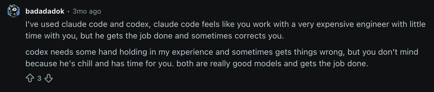 Reddit comment comparing Claude Code to a very expensive engineer with little time