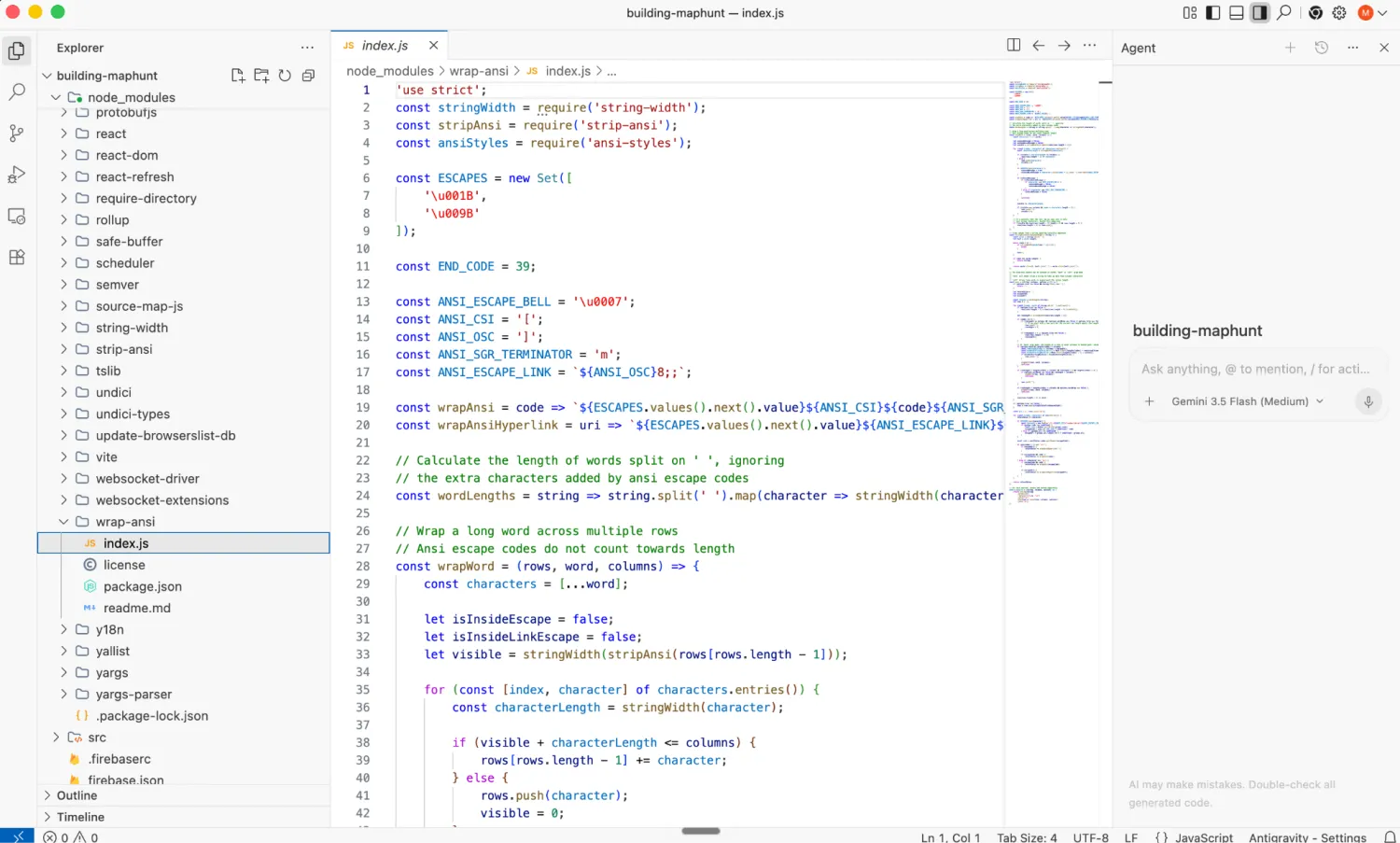 The Antigravity IDE with a project file open and the agent side chat panel