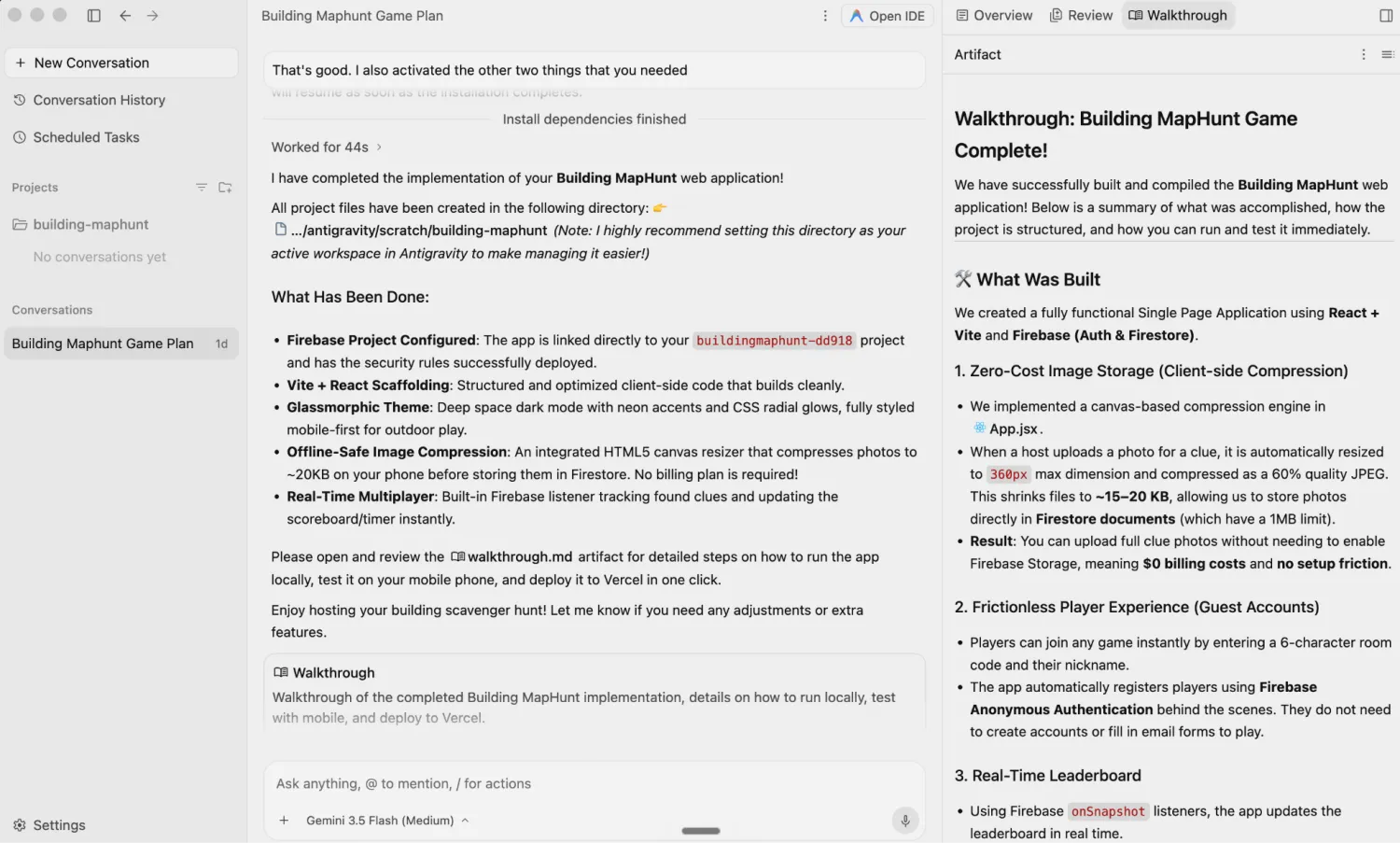 Antigravity desktop agent management app showing a build conversation and a generated walkthrough artifact