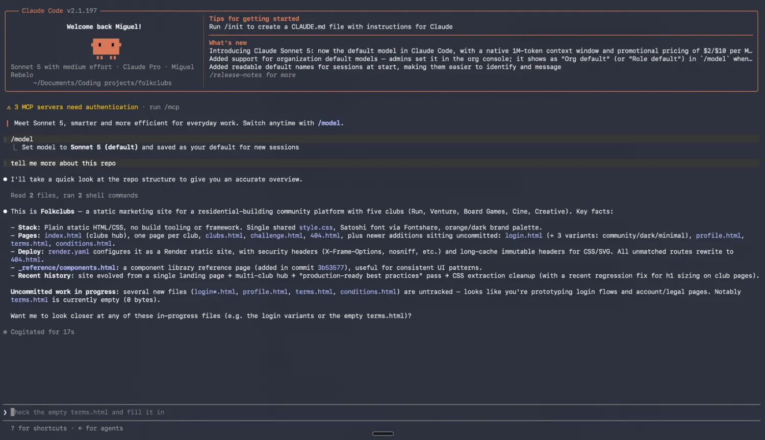 The Claude Code command-line interface showing the welcome screen and a repository overview