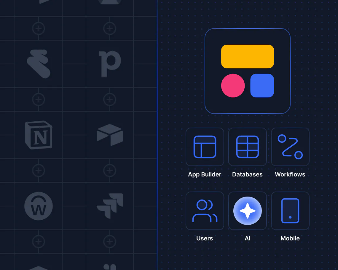 Diagram showing scattered disconnected app icons like Notion and Asana replaced by one consolidated Softr platform