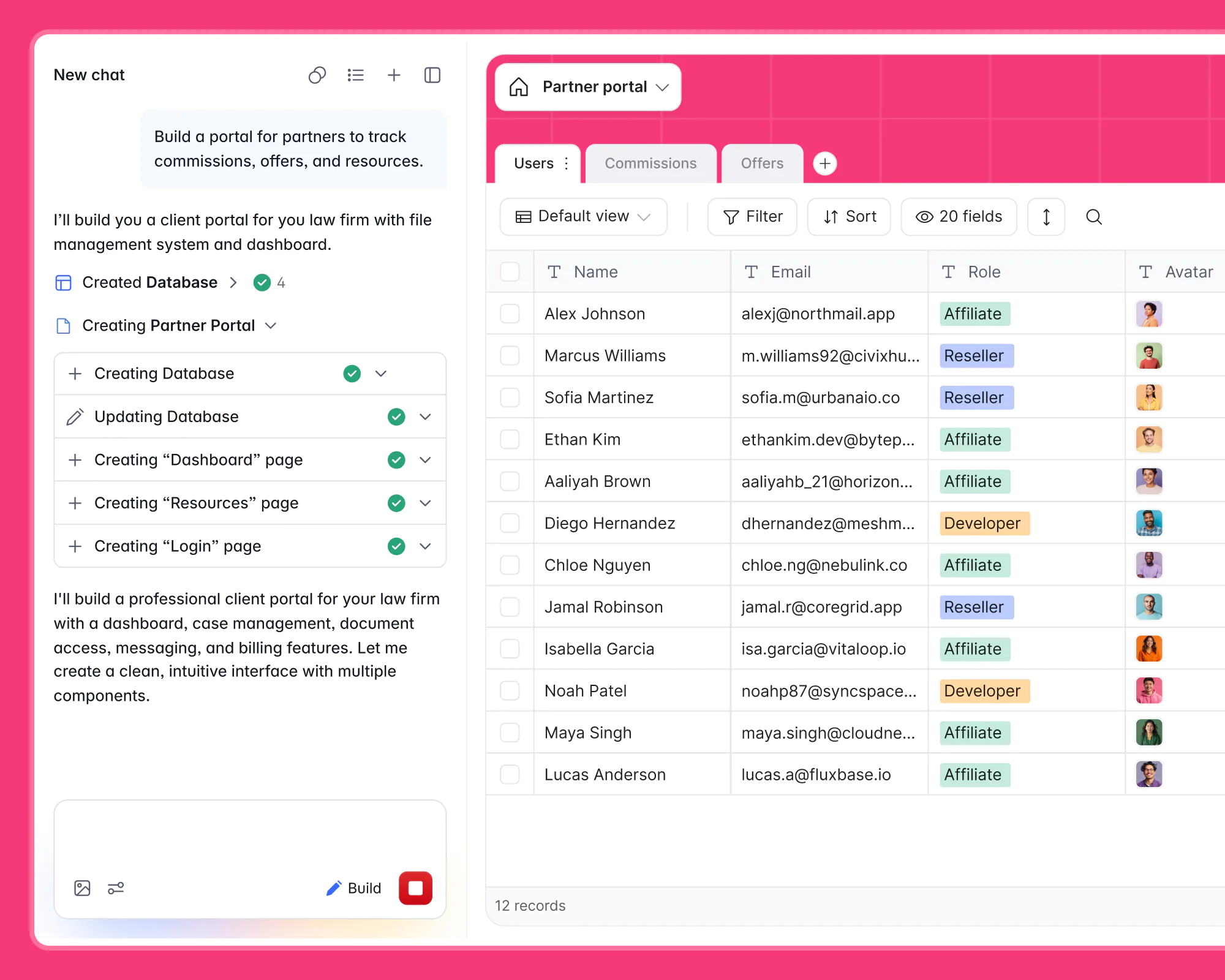 Softr's AI Co-Builder generating a partner portal app, with a database table of users created from a plain-language prompt