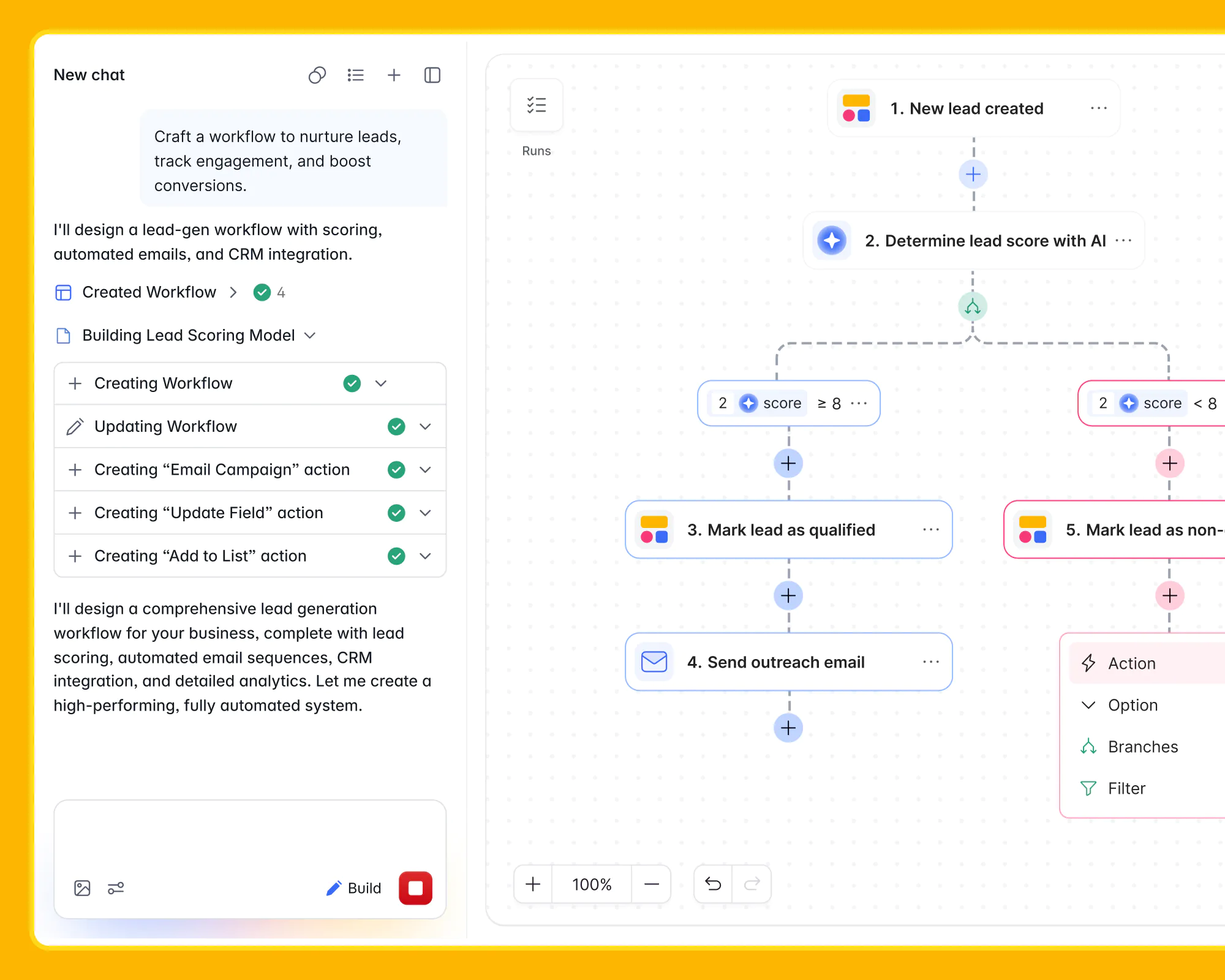 AI generated lead-scoring workflow in Softr that qualifies leads and sends outreach emails based on an AI score