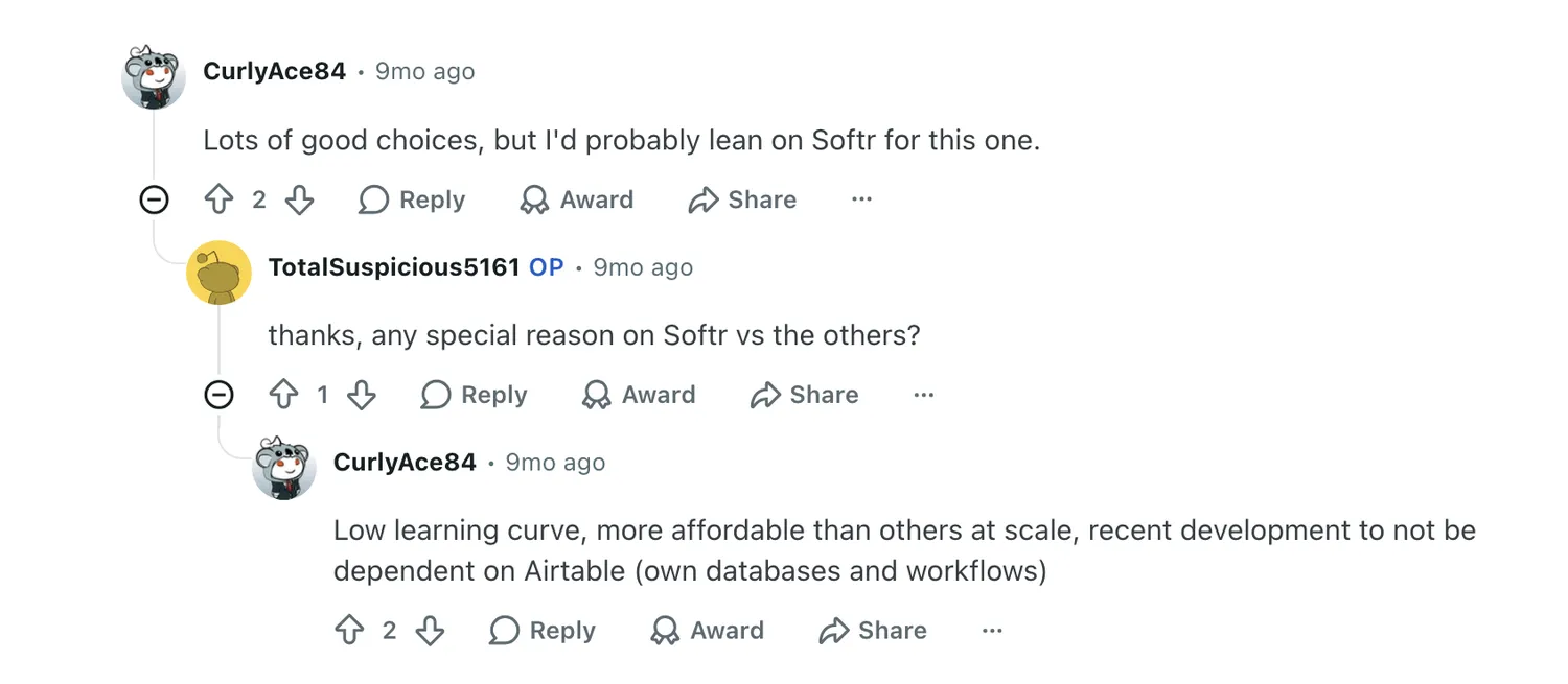 Reddit comment recommending Softr over Stacker for its lower learning curve, scalability, and affordability