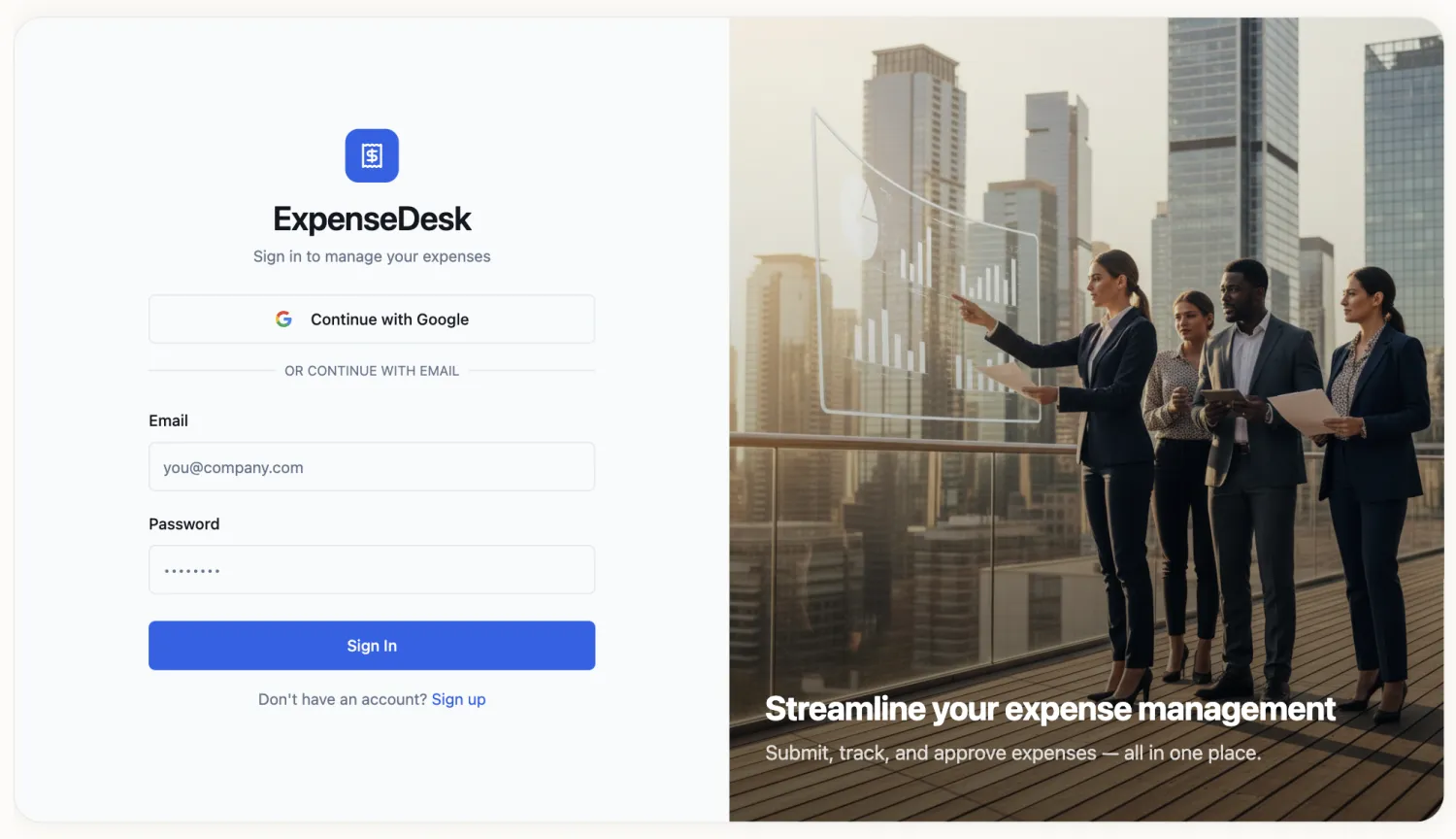 Sign-in page for an expense management portal generated with Lovable, with Google sign-in and email and password login fields
