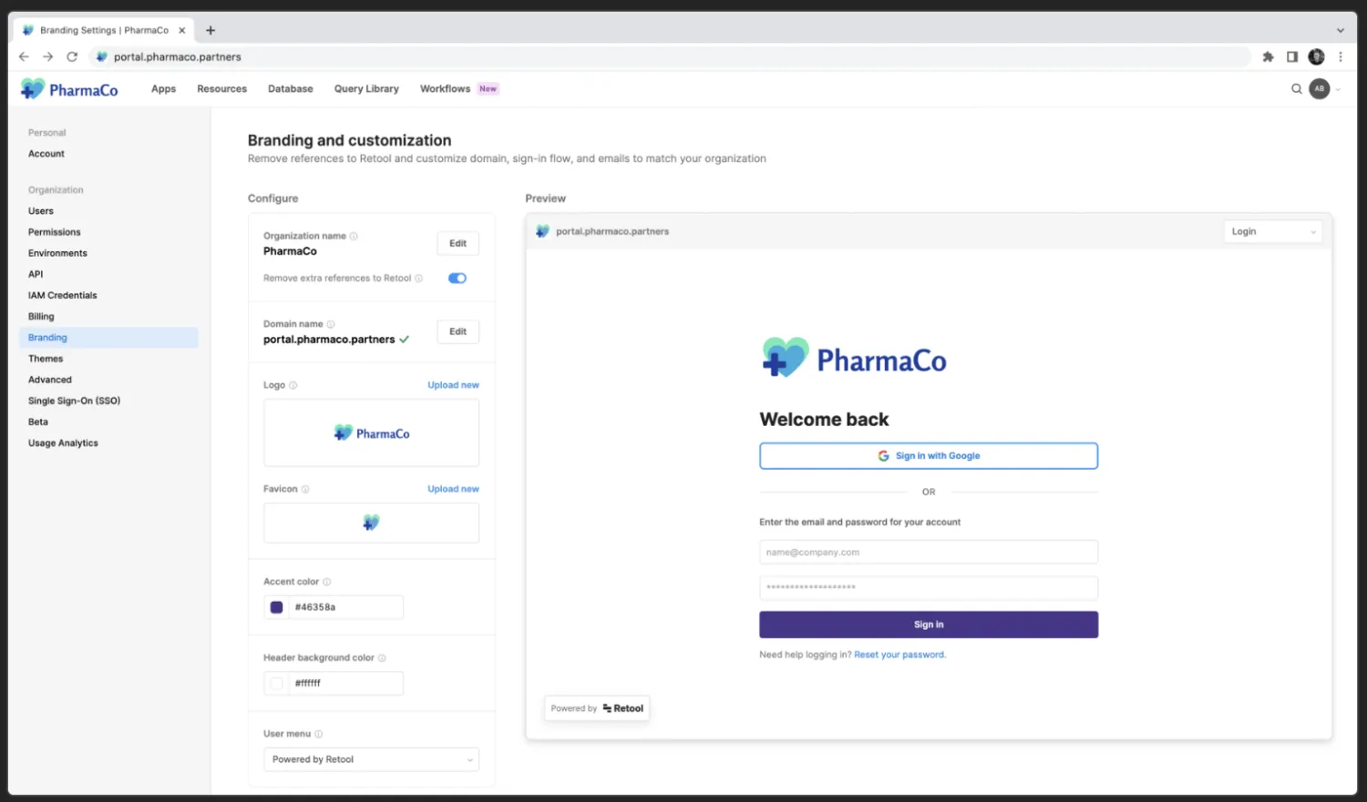 Retool branding and customization settings for a partner portal, with a custom domain, logo upload, and a preview of the branded login page
