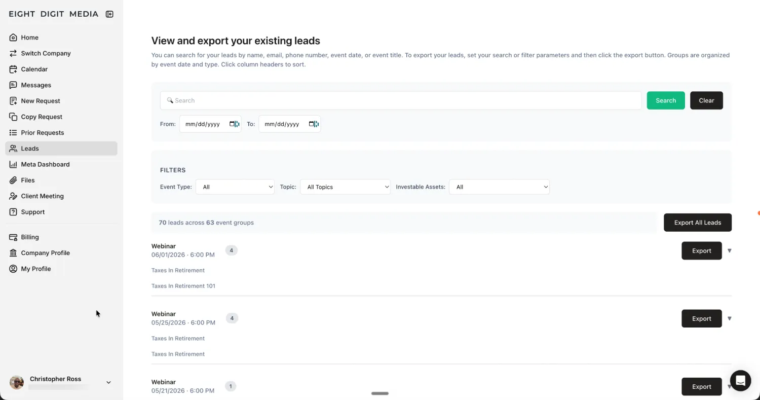 Client portal built with Softr for Eight Digit Media, showing a leads page with search, filters, and lead export options grouped by webinar event