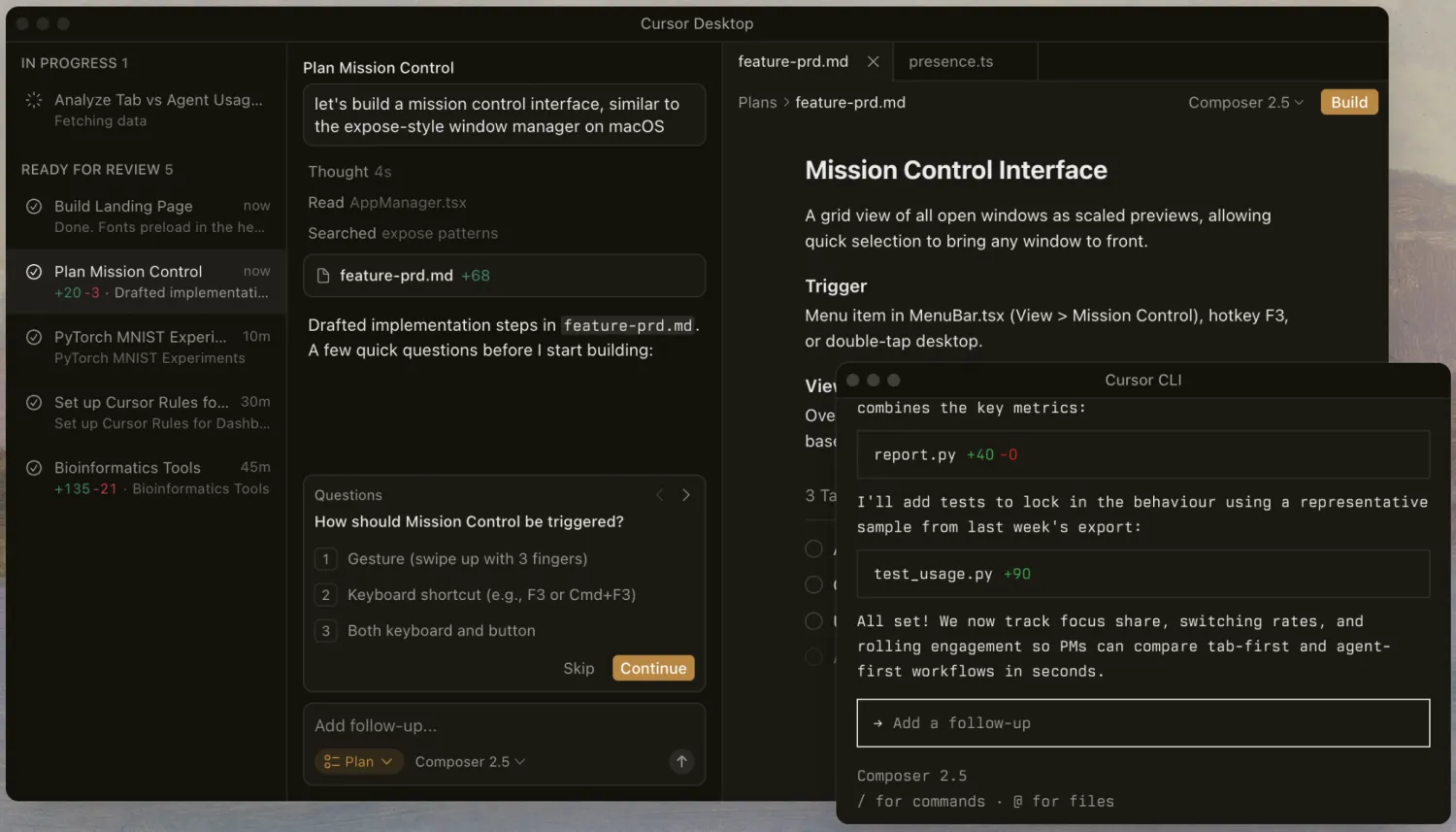 Cursor Desktop with an AI agent planning a mission control interface, showing a task list, drafted implementation steps, and a terminal with code changes