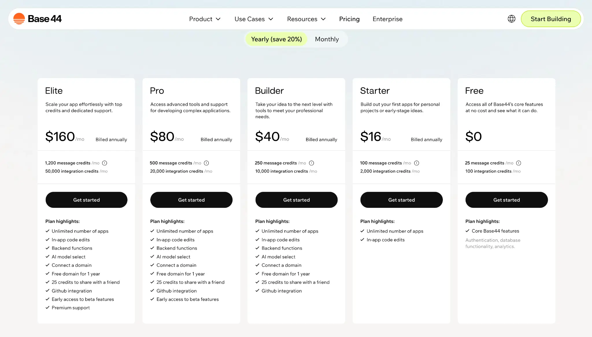 Base44 pricing plans page breakdown