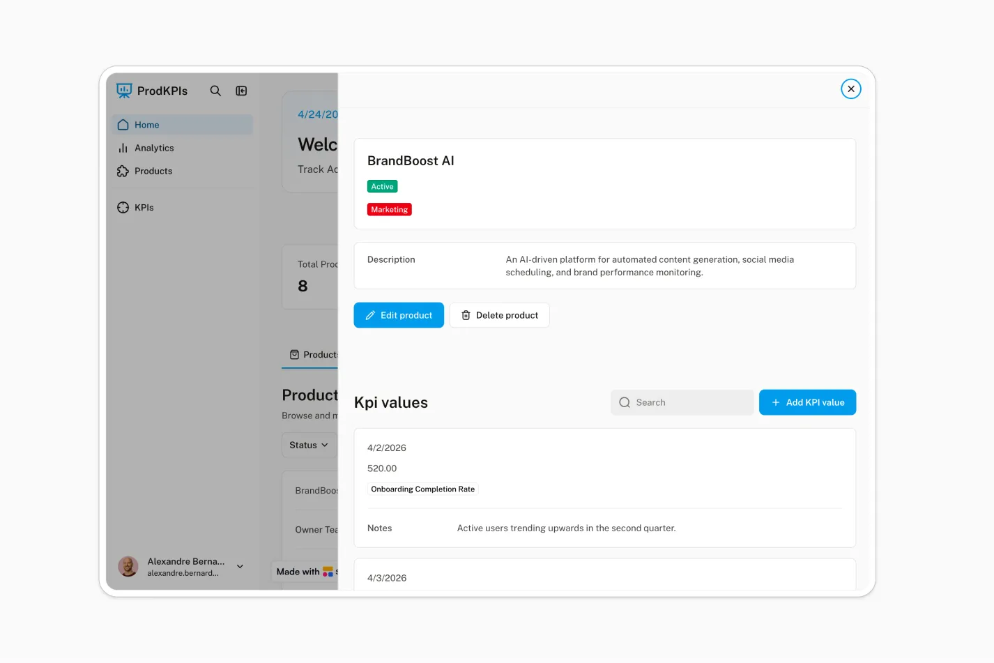 Product KPI dashboard built with Softr showing product details, AI-generated metric tags, and a list of KPI values