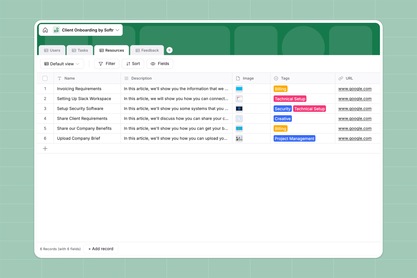 Client Onboarding Portal database in Softr organizing onboarding steps, resources, and progress tracking