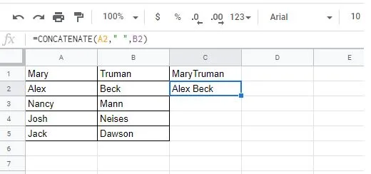 CONCATENATE formula example in Google Sheets