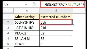 REGEXEXTRACT formula example in Google Sheets