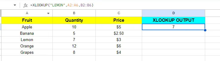XLOOKUP formula example in Google Sheets