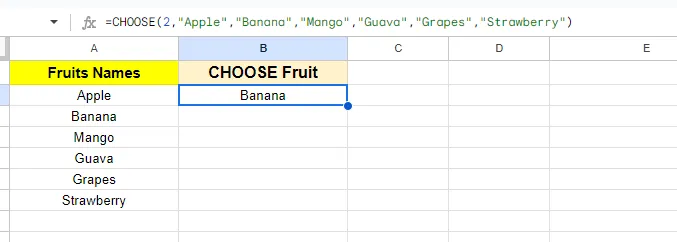 CHOOSE formula example in Google Sheets