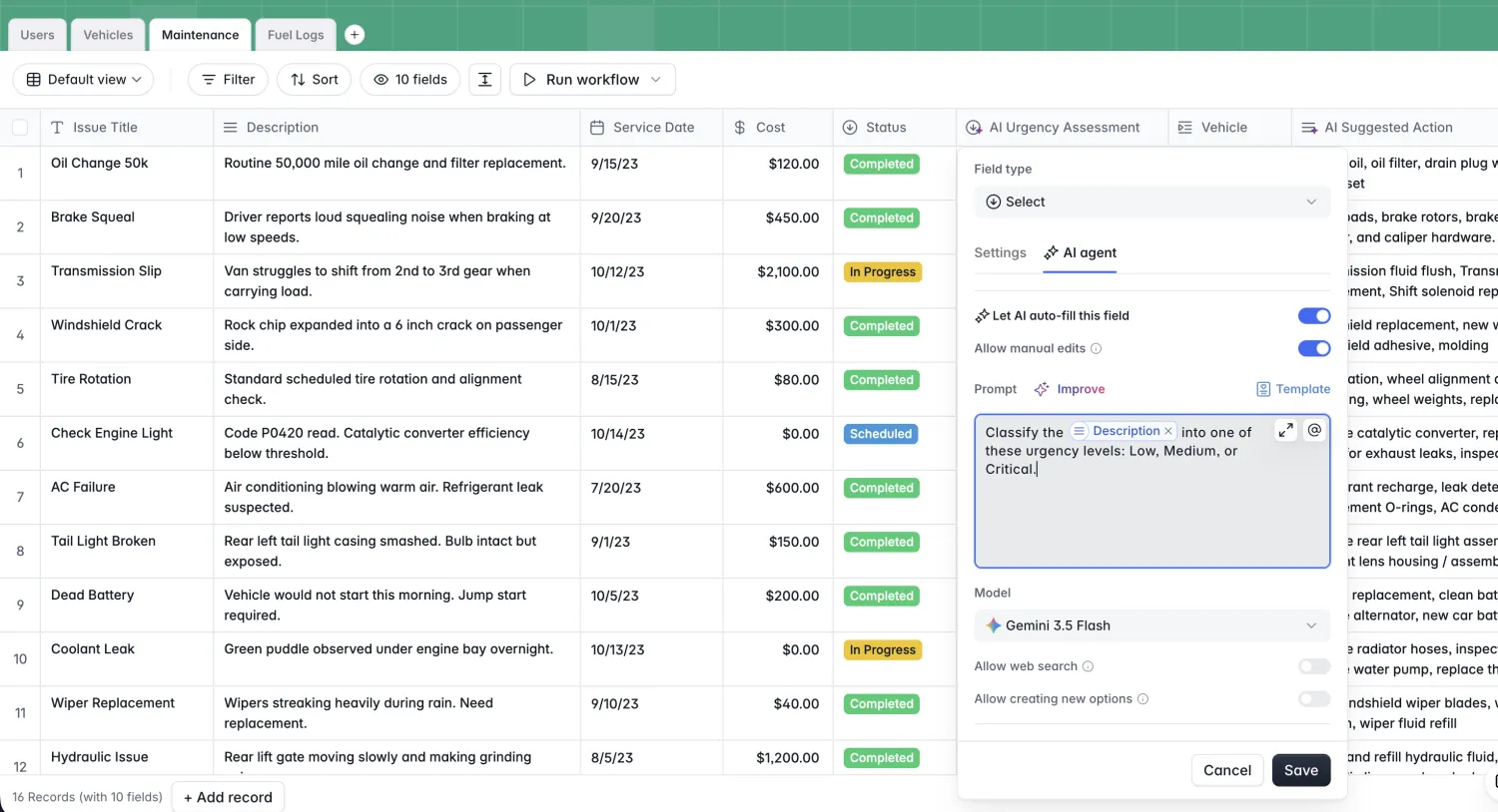 The AI Urgency Assessment field in Softr Databases, configured as a Database AI Agent that classifies the maintenance Description into Low, Medium, or Critical using a Gemini model