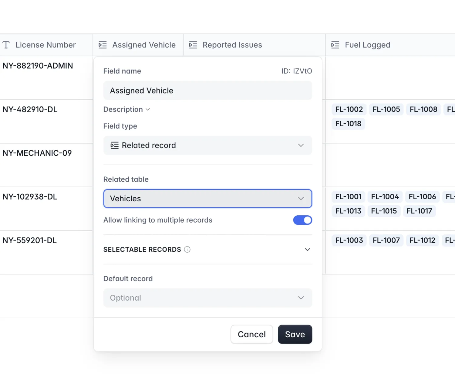 Configuring a related record field in Softr Databases that links the Users table to the Vehicles table, with the option to link to multiple records