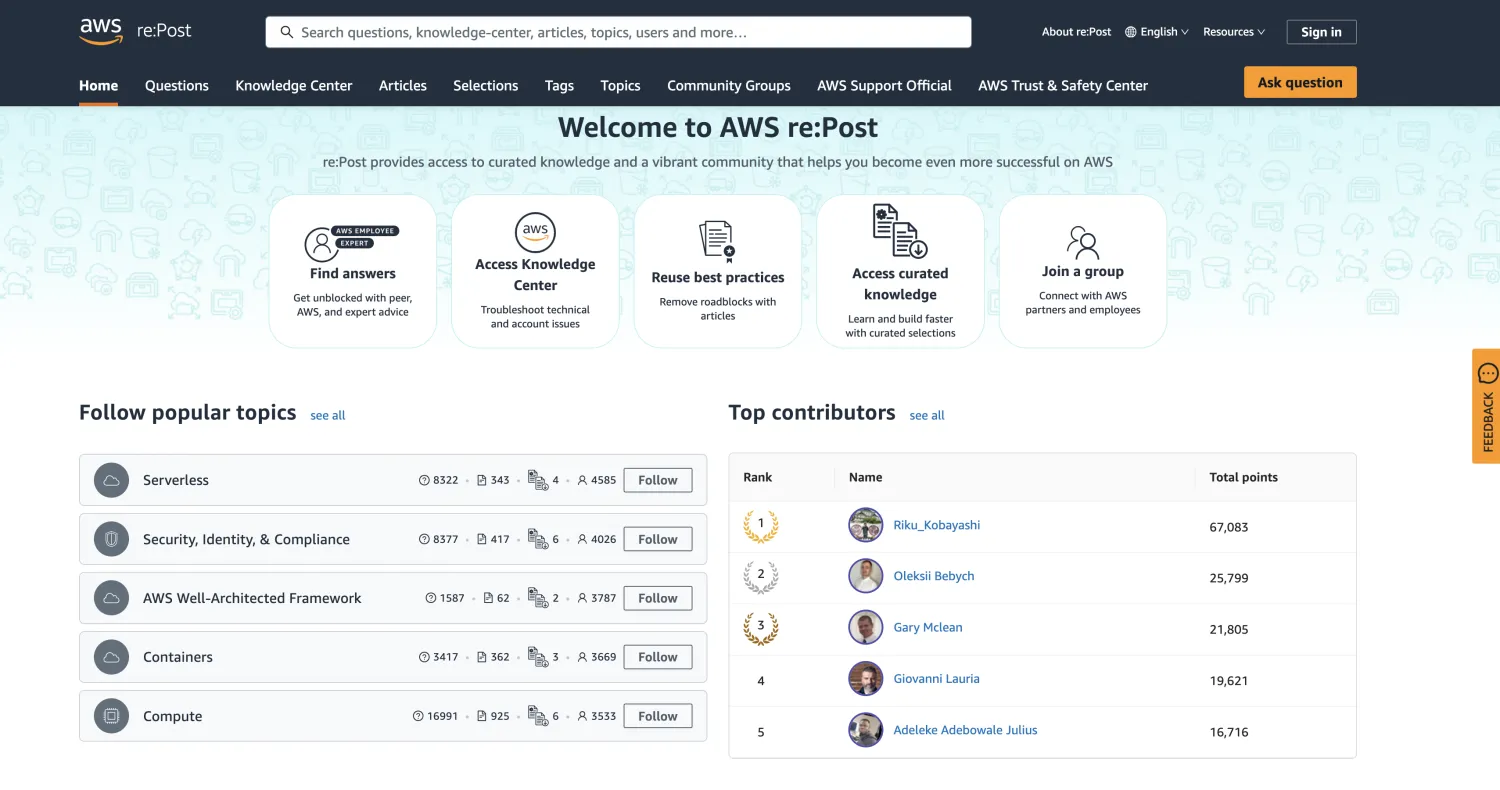 AWS re:Post Knowledge Center homepage with community-driven support articles