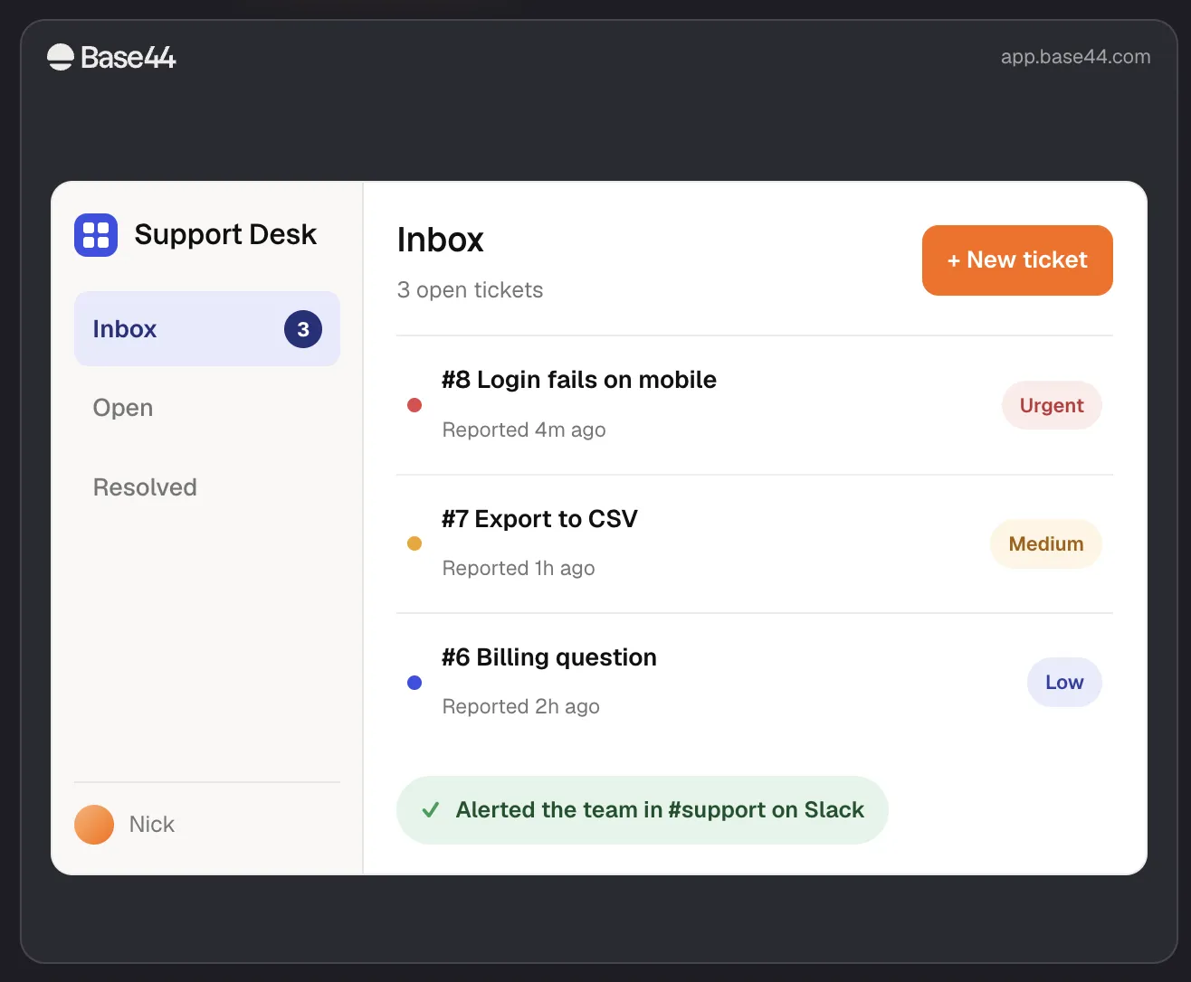 A Base44 support desk app showing an inbox with open tickets tagged Urgent, Medium, and Low