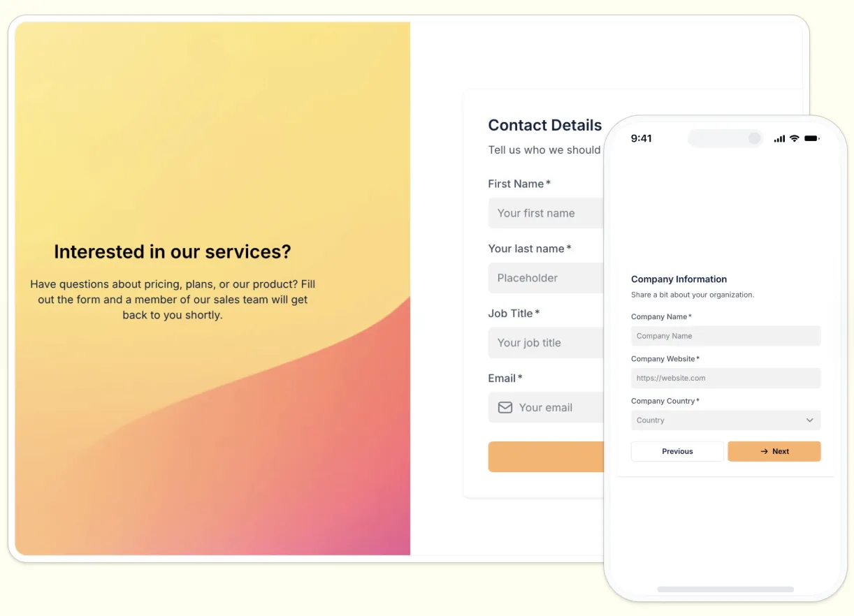 A Softr app built with the AI App Builder, showing a contact form and a matching mobile screen with company information fields