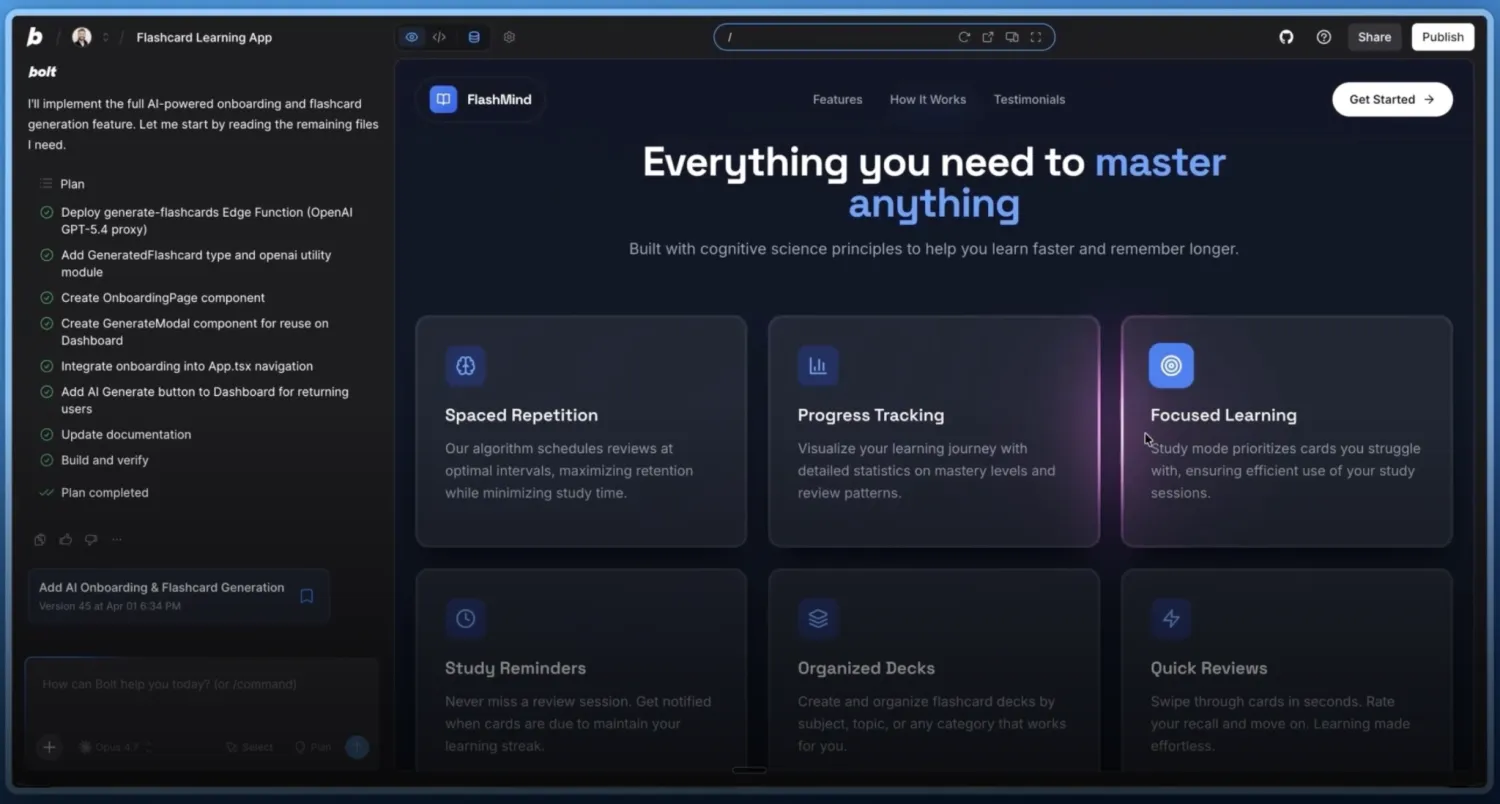 Bolt's Code View showing a build plan checklist next to the live preview of a flashcard learning app
