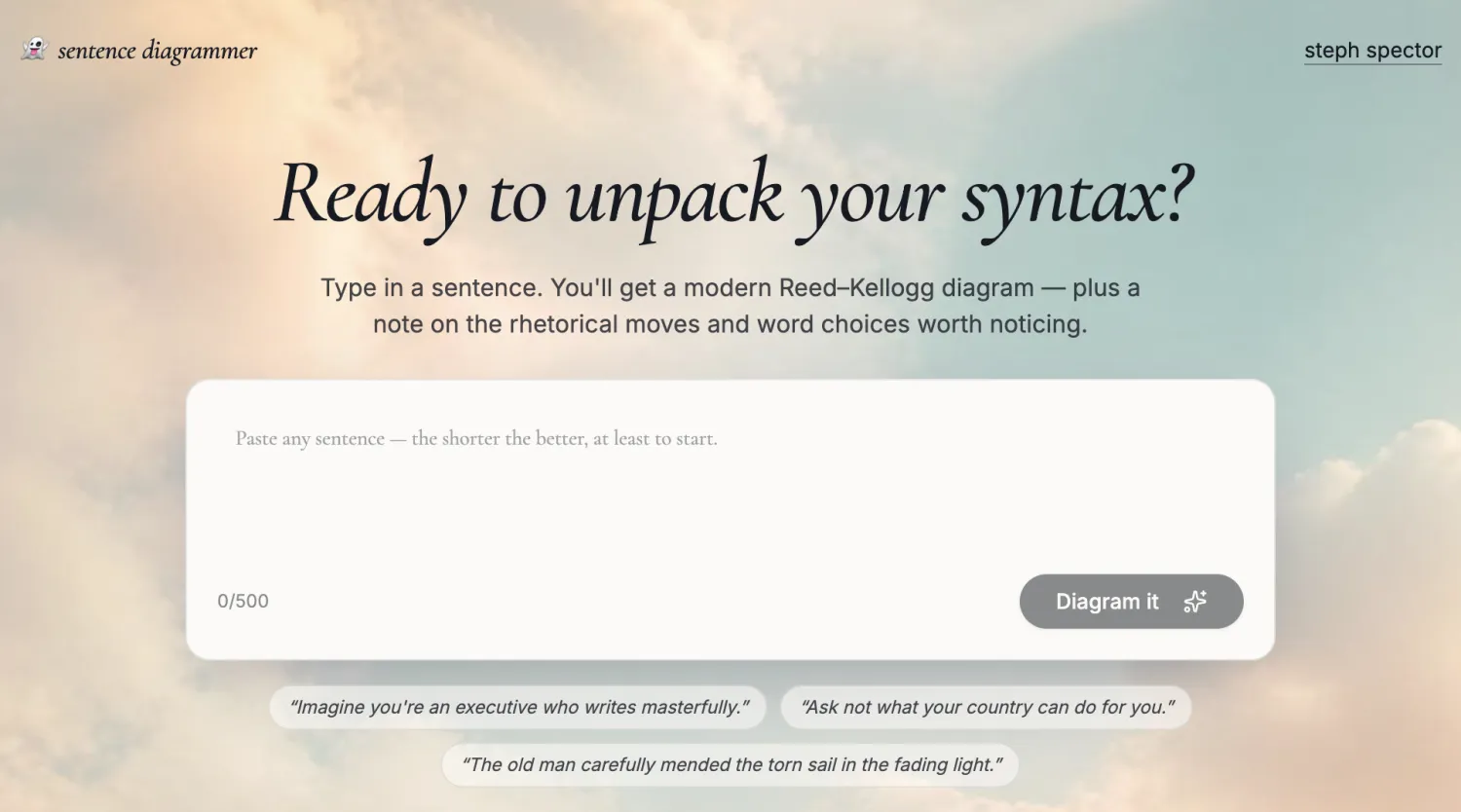 A polished landing page built with Lovable for a sentence-diagramming app, with a styled headline and text input box
