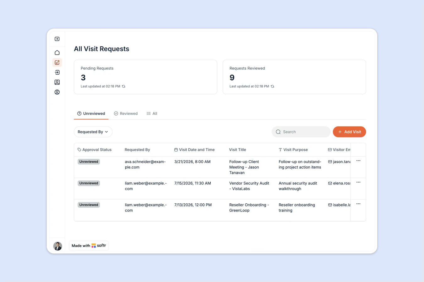 Visit requests overview in the Visitor Management System