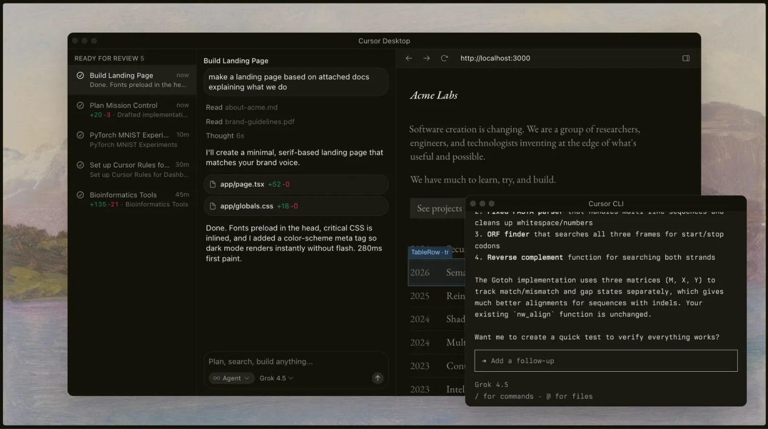 Cursor Desktop showing a queue of agent tasks, a completed landing page build, and the Cursor CLI running alongside it