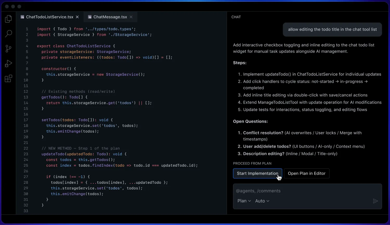 GitHub Copilot in an editor with a chat panel showing a numbered implementation plan and open questions before coding starts