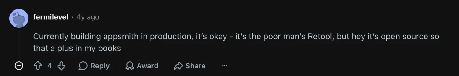 Reddit comment calling Appsmith the poor man