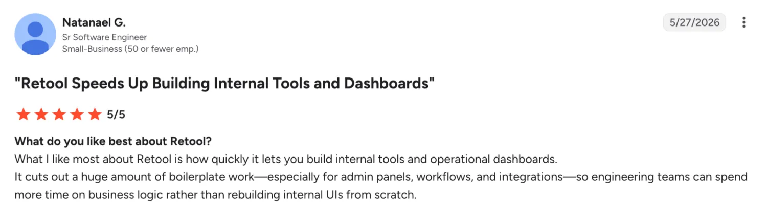 Five-star Retool review from a senior software engineer titled Retool Speeds Up Building Internal Tools and Dashboards