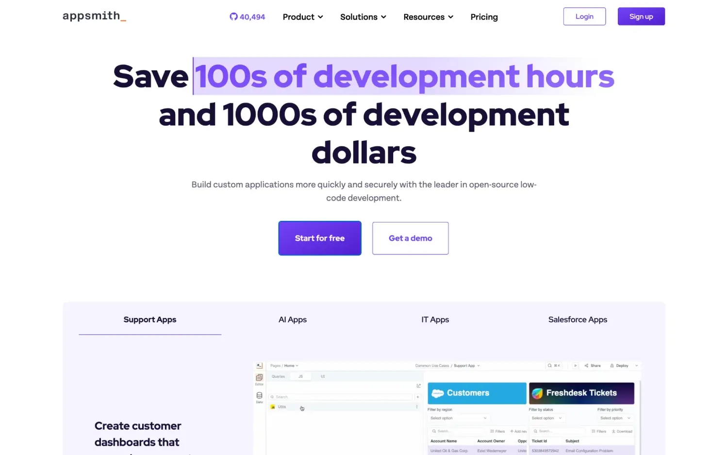 Appsmith homepage headline promising to save hundreds of development hours, with Start for free and Get a demo buttons