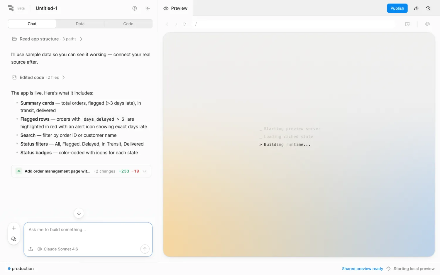 Retool chat panel listing the summary cards, flagged rows, and filters it added, next to a loading app preview
