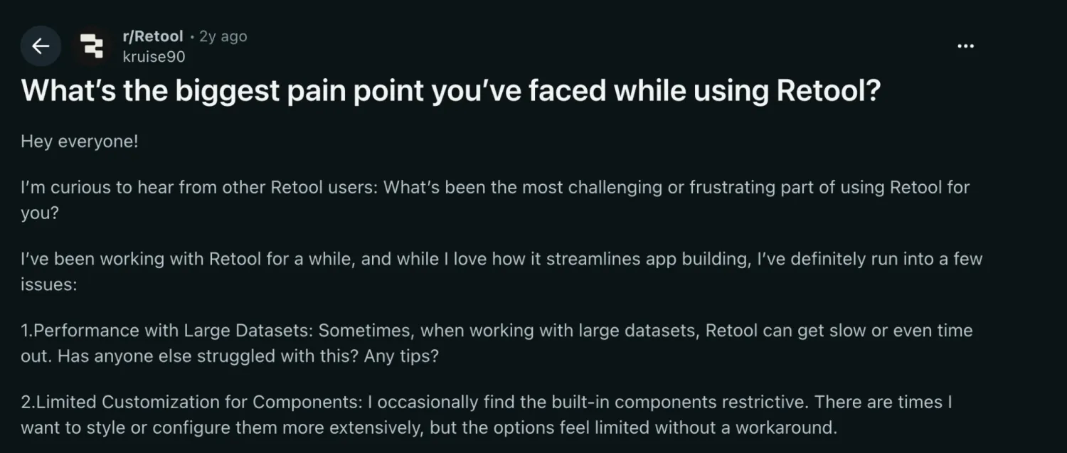 Reddit post in r slash Retool asking what the biggest pain point is when using Retool, listing slow performance on large datasets