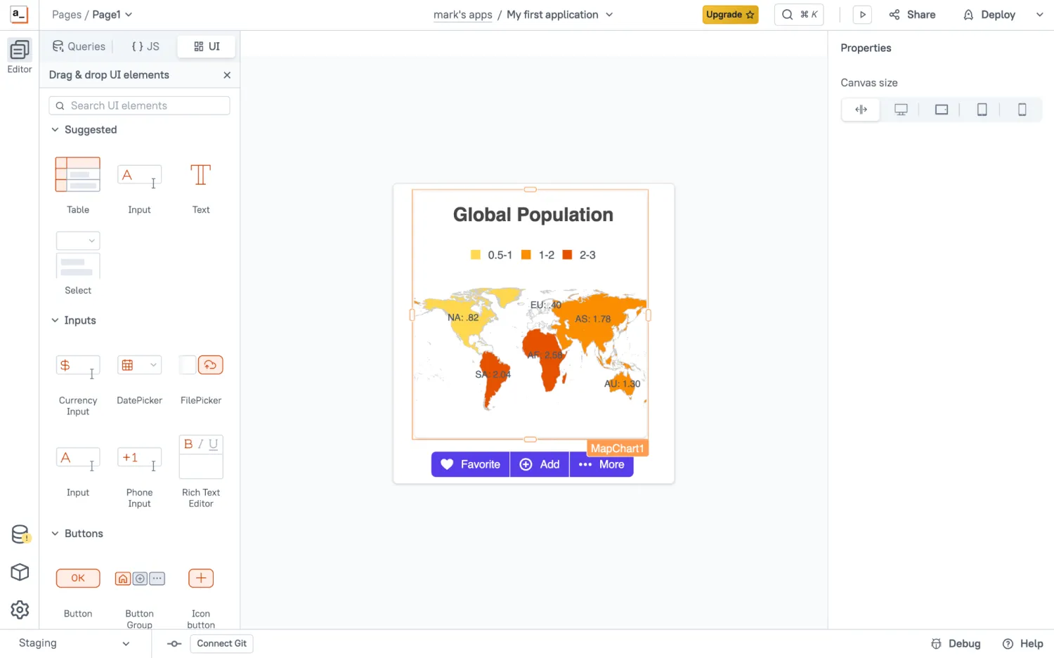 Appsmith editor with a drag-and-drop UI element panel on the left and a Global Population map chart on the canvas