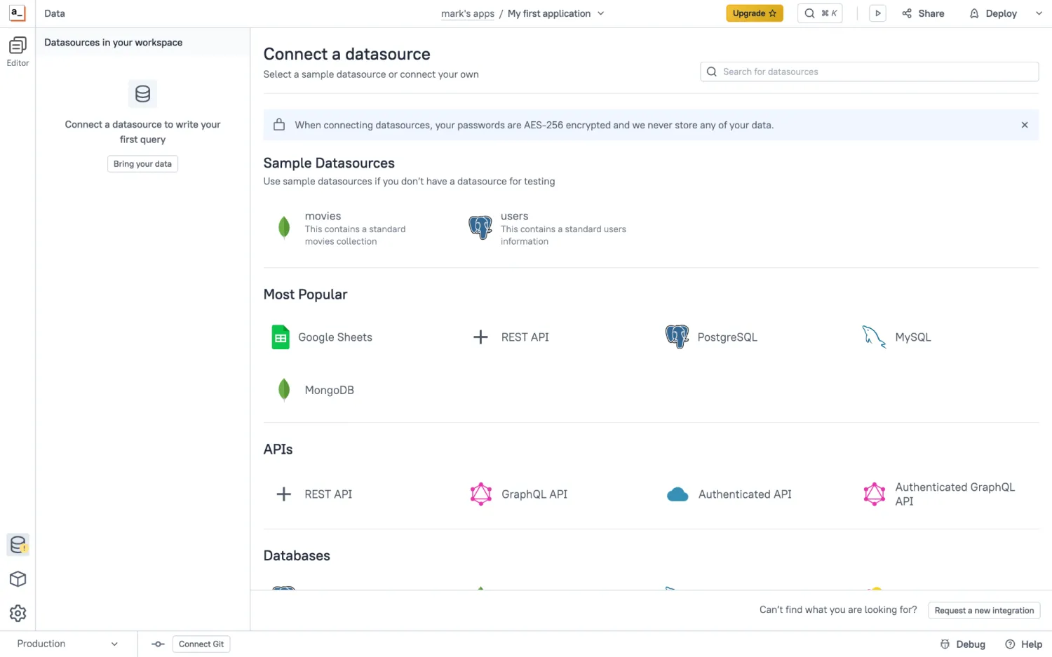Appsmith Connect a datasource screen showing sample data sources plus Google Sheets, REST API, PostgreSQL, MySQL, and MongoDB