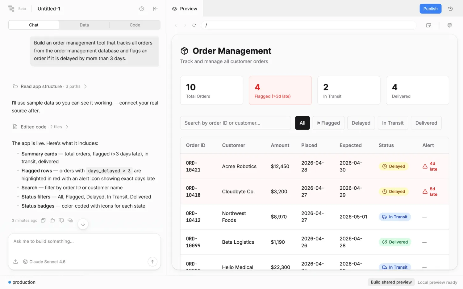 Retool preview of a generated Order Management app with total, flagged, in transit, and delivered order counts above an order table