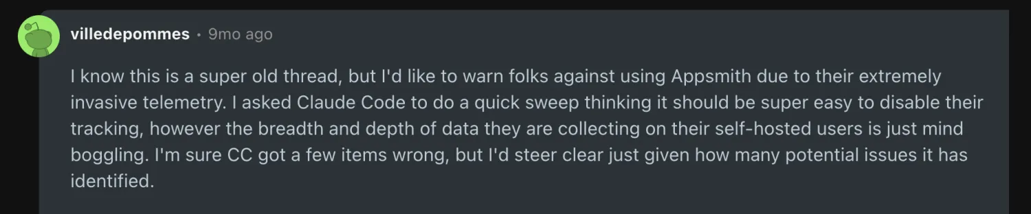 Reddit comment warning that Appsmith collects extensive telemetry from self-hosted users